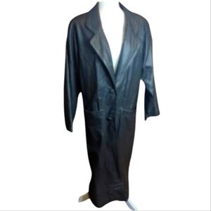 Preston & York vtg long sleek soft black leather Matrix witchy trench coat sz L